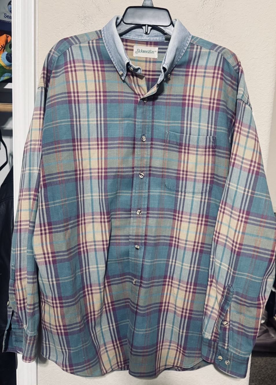 VTG 90s St Johns Bay Flannel Shirt Shacket Colorful Plaid mens XL 100% Cotton